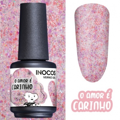 Verniz gel INOCOS rosa com brilhos e texto O AMOR É CARINHO.