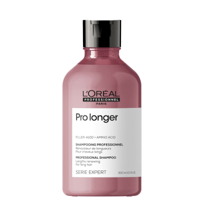 Frasco rosa de champô L'Oréal Pro longer com tampa preta e rótulo branco