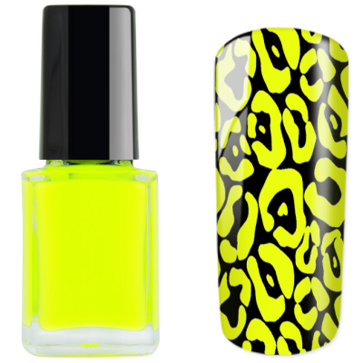 Verniz de unhas amarelo néon com padrão animal amarelo e preto na amostra de unha