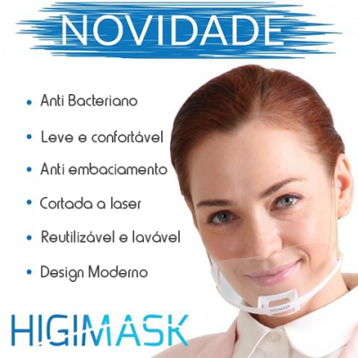 Máscara facial transparente HIGIMASK com características listadas e mulher a usar
