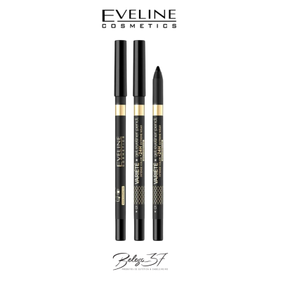 Três lápis de olhos pretos da Eveline Cosmetics Variete com texto dourado em fundo branco