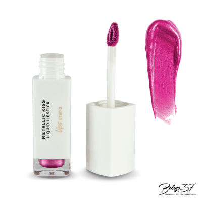 Batom líquido metálico rosa com aplicador branco e frasco transparente