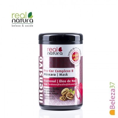 Máscara capilar Real Natura Pro-Cor Complexo B em frasco preto com rótulo branco e vermelho