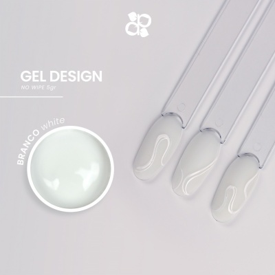 Gel para unhas branco com três amostras em separadores transparentes e texto promocional em fundo cinza claro