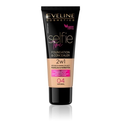 Tubo preto e bege de base e corretor Eveline Cosmetics Selfie Time 2 em 1 cor 04 Natural