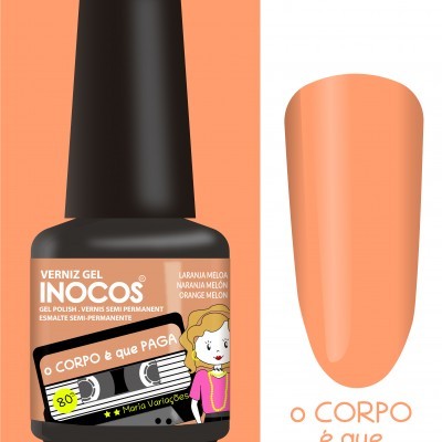 Verniz gel Inocos laranja melão com rótulo e amostra da cor