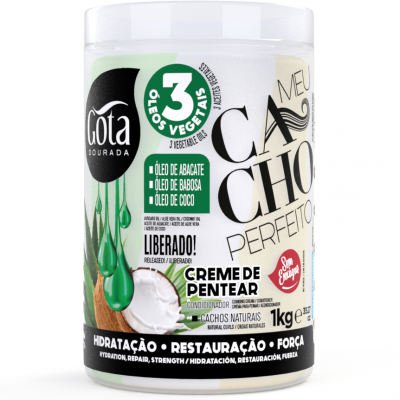 Creme de pentear Gota Dourada Meu Cacho Perfeito em embalagem branca com detalhes verdes e pretos