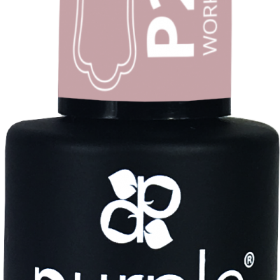 Frasco preto de verniz gel com tampa rosa e texto P2023 Work Work Better.