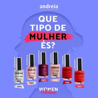 Seis vernizes de unhas Andreia Hydrogel com nomes e códigos diferentes, sobre fundo azul e texto em português