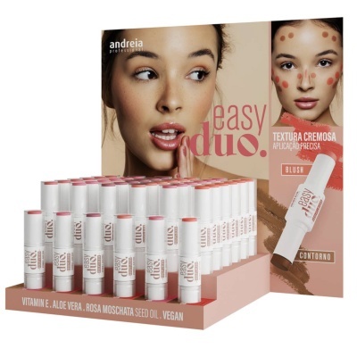 Expositor de sticks de blush easy duo com embalagem branca e texto descritivo