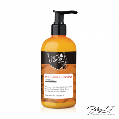 Frasco amarelo com doseador preto de condicionador Real Natura Intensive Pro-Cachos Definidos