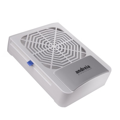 Aspirador de pó branco e cinza para unhas com padrão de teia de aranha e etiqueta azul.