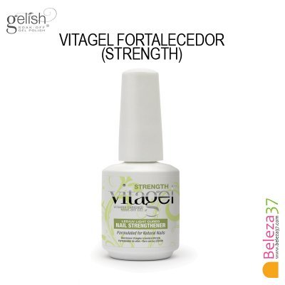 Frasco de verniz gel Vitagel Fortalecedor para unhas, branco com texto verde e preto