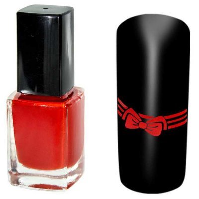 Frasco de verniz de unhas vermelho e unha preta com laço vermelho.