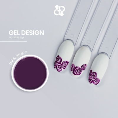 Amostras de unhas artificiais com design de gel roxo e padrão de rosas, pote de gel roxo e texto GEL DESIGN
