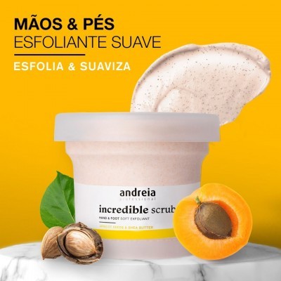 Esfoliante para mãos e pés da Andreia com damasco e sementes em fundo amarelo