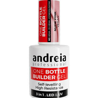 Frasco de gel construtor para unhas branco com rótulos vermelhos e pretos