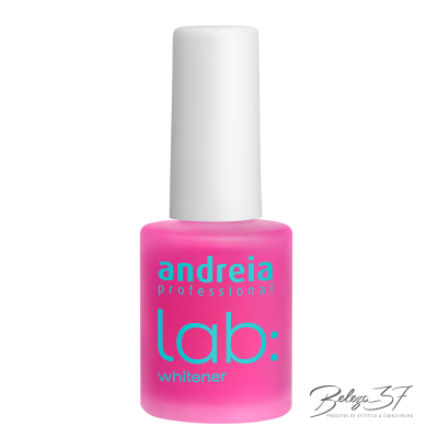 Frasco de verniz para unhas rosa com tampa branca e texto azul