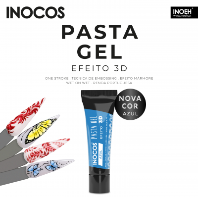Tubo de Pasta Gel Inocos azul com unhas decoradas com padrões coloridos e borboletas