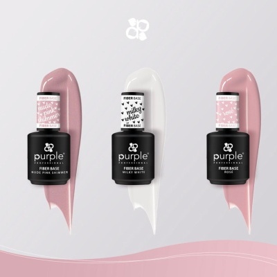 Três frascos de verniz Purple Fiber Base nas cores nude pink shimmer, milky white e rose com amostras da cor