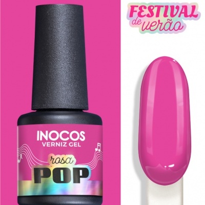 Verniz gel rosa da marca Inocos com amostra da cor e texto Festival de verão.