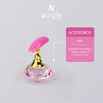 Suporte magnético para unhas rosa e dourado com base em forma de bola rosa transparente, com texto informativo sobre acessórios P497