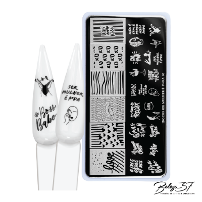 Conjunto de carimbos para unhas e unhas artificiais brancas com textos e desenhos em preto