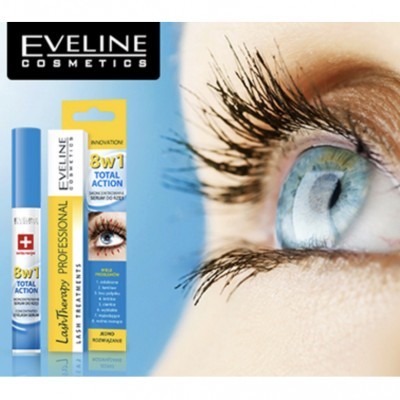 Sérum para pestanas Eveline Cosmetics 3w1 Total Action em embalagem azul e amarelo