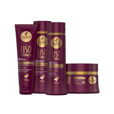 Conjunto de produtos para cabelo Haskell Liso & Força em embalagens vinho e douradas