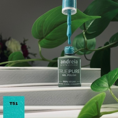 Frasco de verniz gel azul-turquesa 'andreia professional' com pincel e gotas de verniz