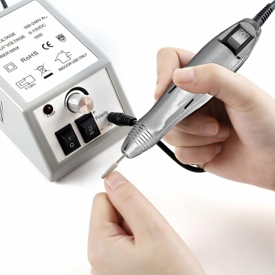 Máquina elétrica com ferramenta cilíndrica conectada e mãos segurando-a