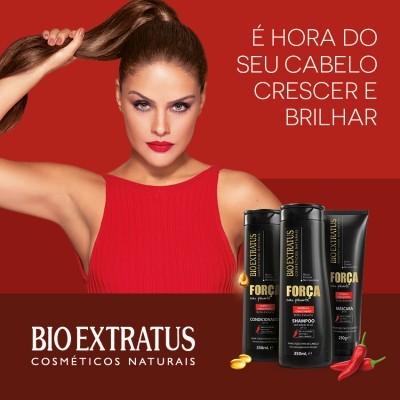 Mulher com cabelo castanho preso, produtos Bio Extratus Força com Pimenta e texto promocional em fundo vermelho