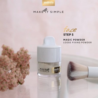 Frasco de pó solto para fixação de maquilhagem Magic Powder com pincel e flor seca