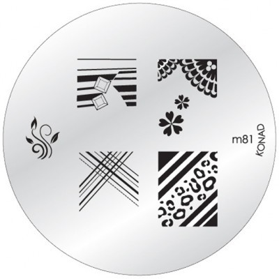 Placa metálica circular para impressão de unhas com padrões decorativos pretos e texto m81 KONAD