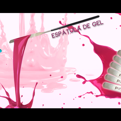 Produtos Purple Professional com pincel, tinta rosa, amostras de gel e texto ESPÁTULA DE GEL