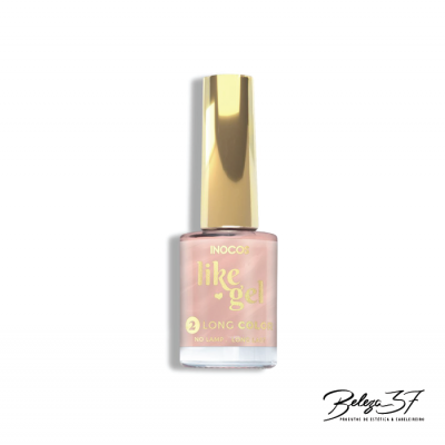 Frasco de verniz para unhas rosa claro com tampa dourada e texto dourado