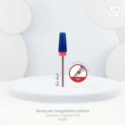 Broca de tungsténio cónica azul e vermelho em base branca com texto
