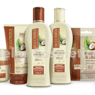 Produtos para cabelo Bio Extratus com óleo de coco em várias embalagens creme e castanho