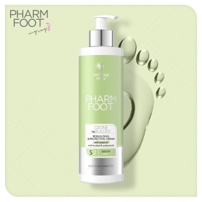 Frasco de creme Pharm Foot verde claro com doseador e texto branco sobre fundo verde com gotas