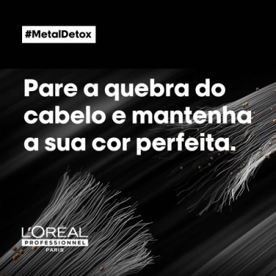 Fios de cabelo cinza com texto promocional da L'Oréal Professionnel sobre proteção da cor e quebra do cabelo
