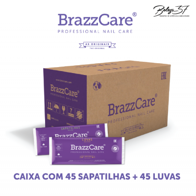 Caixa castanha com texto roxo BrazzCare e dois saquinhos roxos de luvas e sapatilhas
