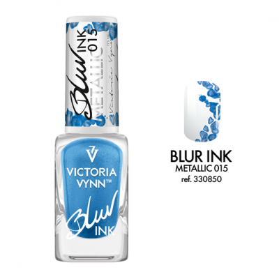 Esmalte de unhas azul metálico Blur Ink Victoria Vynn em vidro com tampa branca decorada
