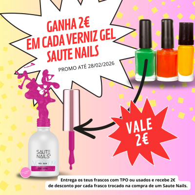 Vernizes gel Saute Nails coloridos com texto promocional