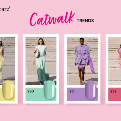 Quatro esmaltes coloridos com modelos a usar roupas em tons semelhantes sob o texto Silcare Catwalk TRENDS