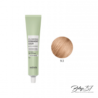 Tubo de coloração permanente Andreia verde claro com amostra de cor 9.3 castanho claro