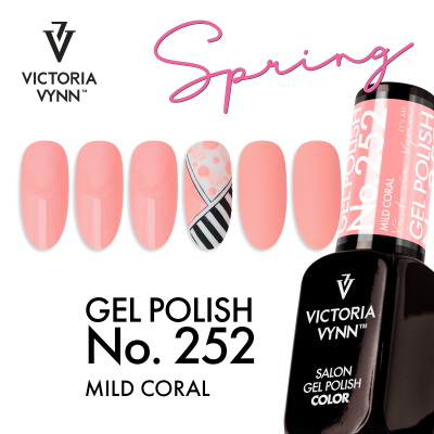 Verniz gel coral Victoria Vynn nº 252 com unhas decoradas e embalagem preta