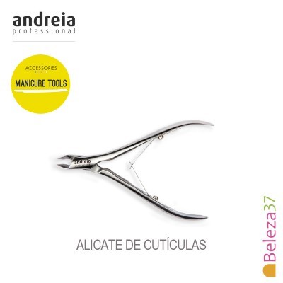 alicate de cutículas metálico prateado com mola central e marca 'andreia'