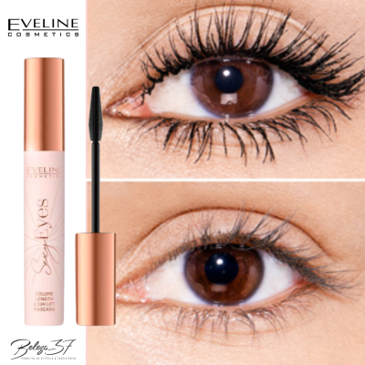 Máscara de pestanas Eveline Cosmetics embalagem rosa e dourada com aplicação nas pestanas antes e depois