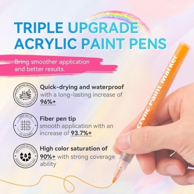 Caneta de pintura acrílica laranja com texto promocional em fundo claro e arco-íris