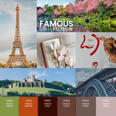 Colagem com imagens da Torre Eiffel, paisagem, livro com flores, pintura de rosto, castelo, ponte e paleta de cores P2200 a P2205